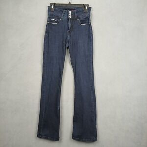 Love You Bootcut Jeans Womens 3/4 Blue Denim Cotton Embroidered Cross Rhinestone